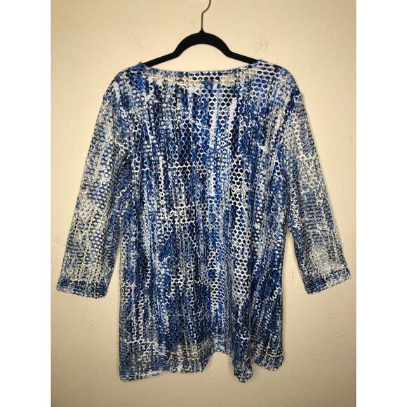 Ali Miles Blue White Abstract Mesh Overlay Tunic Top XL Beach Resort Wear Travel - Picture 3 of 16